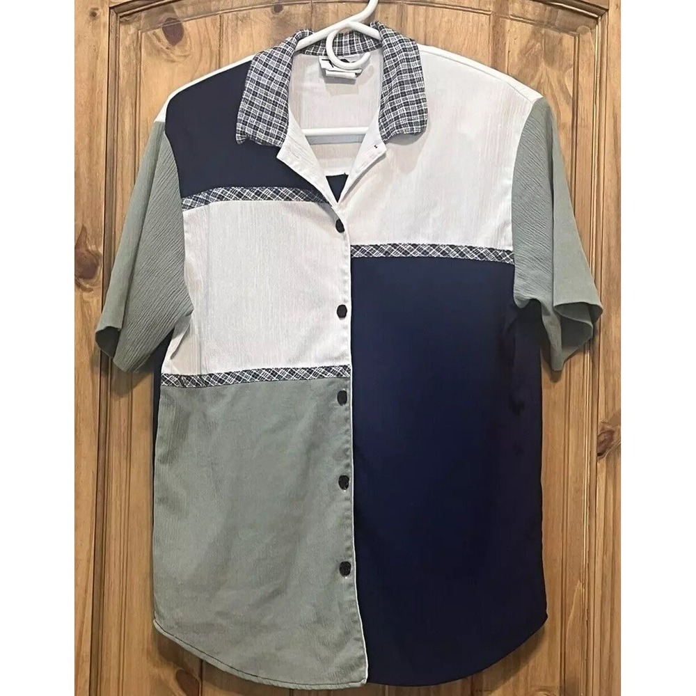 Vintage 90s Colorblock Button Up Shirt S Navy‎ Sage Plaid Neo Nostalgia Modern